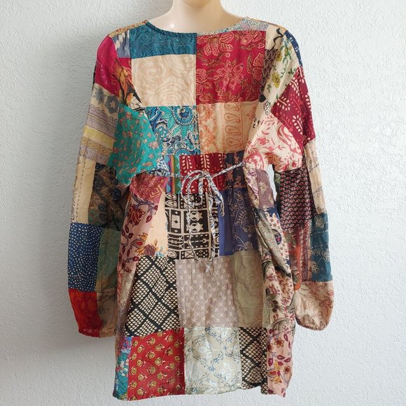 Made from the Earth Patchwork Peasant Boho Long Sleeve Top MEDIUM Hippie Bohemia - Picture 3 of 7